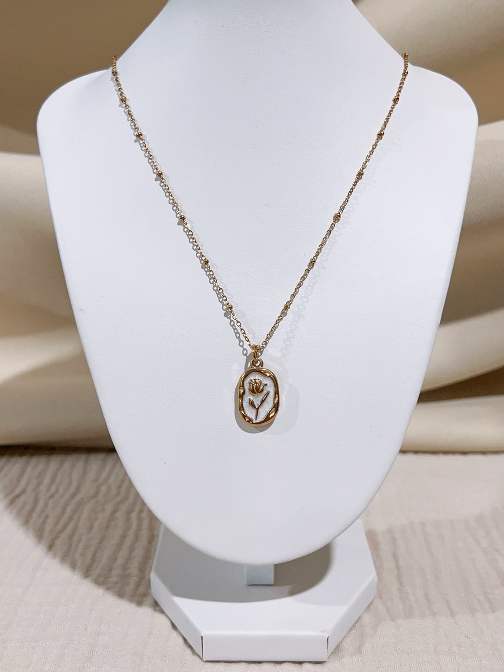 Gold Tulip Pendant Necklace with White Enamel  - Women Jewelry
